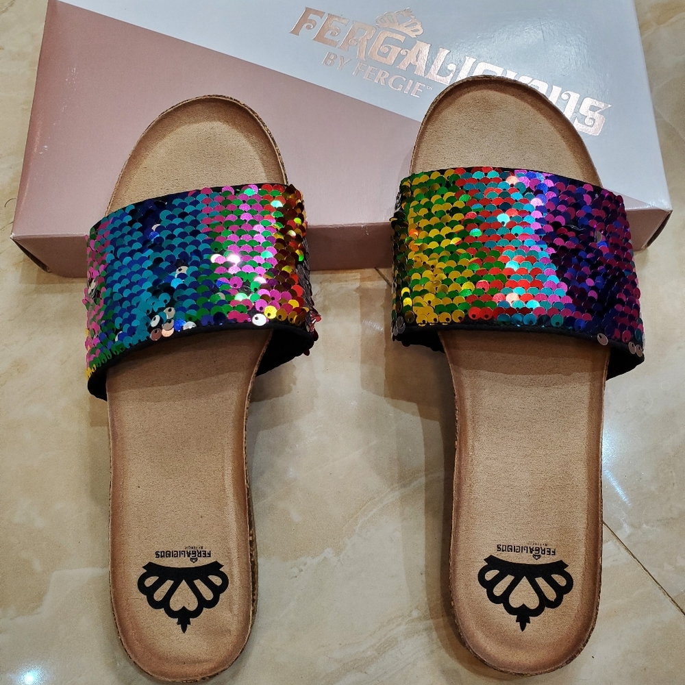 FERGALICIOUS by Fergie Miranda Rainbow Sequin Slide Sandals